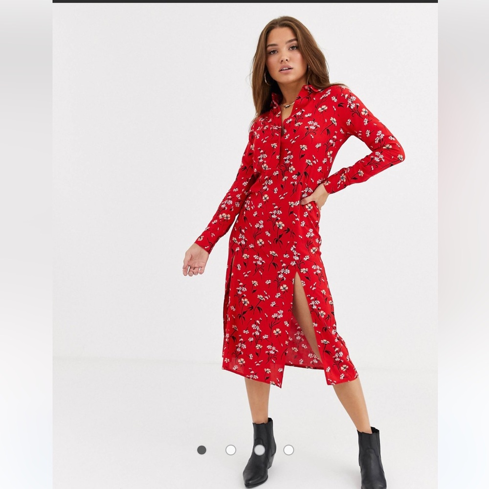 NWT Asos Floral Shirt Maxi Dress Sz L Long Sleeves Front Slits Buttons Red Black